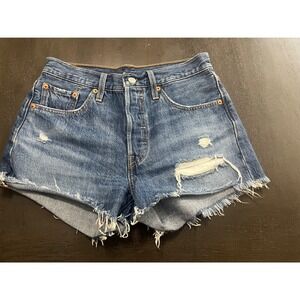Levis 501 Original High Waisted Distressed Denim Cut Off Shorts Blue Womens W25